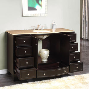 Silkroad Exclusive Transitional Dark Espresso 55" Single Sink Vanity with Travertine Top - HYP-0703-T-UWC-55, open