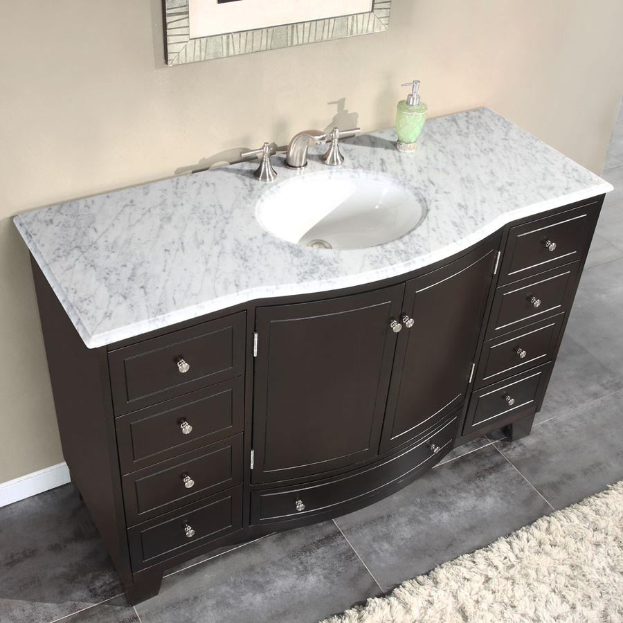 Silkroad Exclusive  Transitional 55" Dark Espresso Single Sink Vanity with Carrara Marble Top - HYP-0703-WM-UWC-55