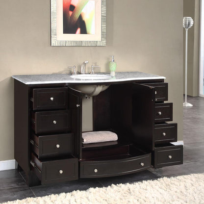 Silkroad Exclusive  Transitional 55" Dark Espresso Single Sink Vanity with Carrara Marble Top - HYP-0703-WM-UWC-55, open