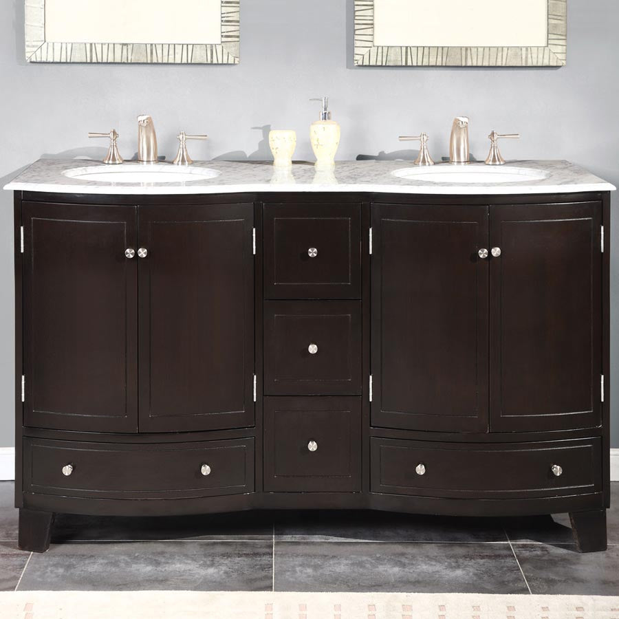 Silkroad Exclusive  Dark Espresso 60-inch Carrara White Marble Top Double Sink Bathroom Vanity - HYP-0703-WM-UWC-60