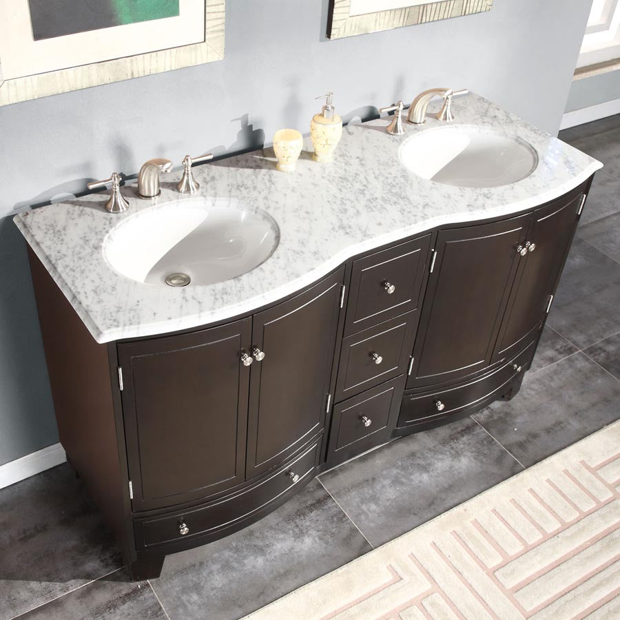 Silkroad Exclusive  Dark Espresso 60-inch Carrara White Marble Top Double Sink Bathroom Vanity - HYP-0703-WM-UWC-60