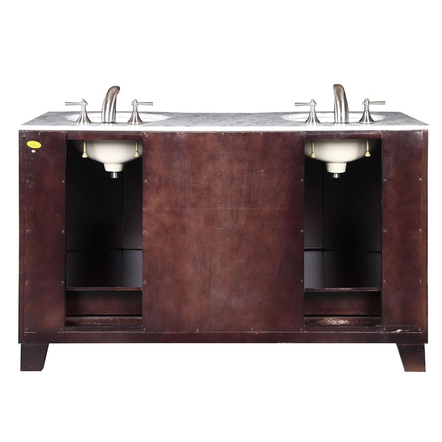 Silkroad Exclusive  Dark Espresso 60-inch Carrara White Marble Top Double Sink Bathroom Vanity - HYP-0703-WM-UWC-60, back