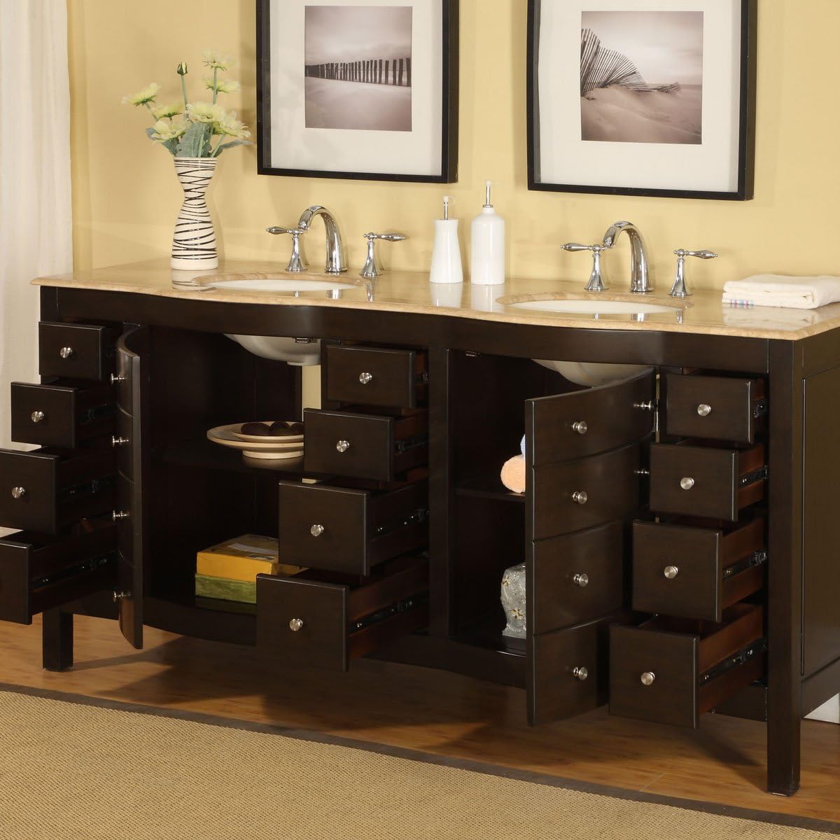 Silkroad Exclusive Transitional 72" Bathroom Vanity Double Sink Dark Walnut - HYP-0704-T-UIC-72 open