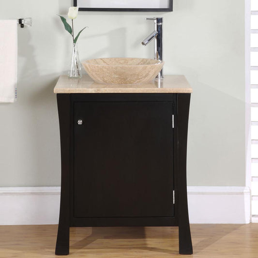 Silkroad Exclusive  Modern 26" Espresso Travertine Top Single Sink Vanity with Vessel Sink - HYP-0711-T-TT-26