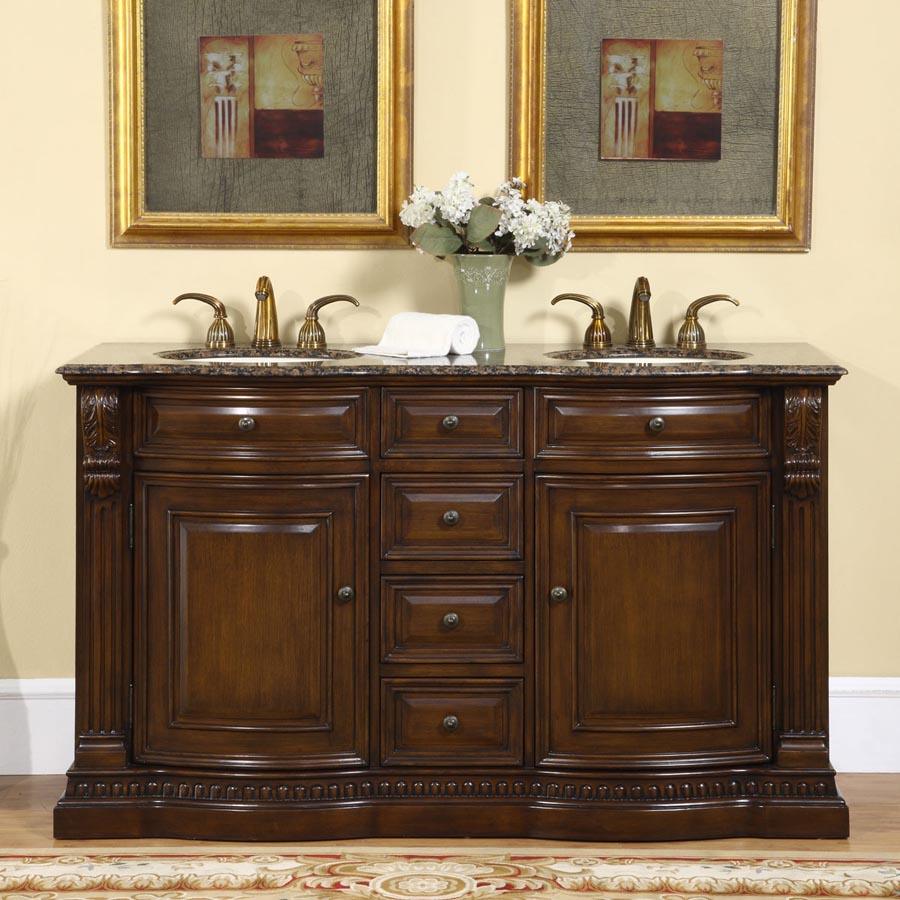 Silkroad Exclusive  Traditional 60" American Walnut Double Sink Vanity with Baltic Brown Granite - HYP-0712-BB-UIC-60