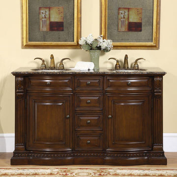 Silkroad Exclusive  Traditional 60" American Walnut Double Sink Vanity with Baltic Brown Granite - HYP-0712-BB-UIC-60
