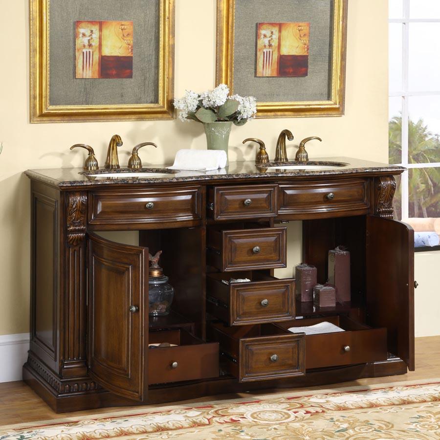 Silkroad Exclusive  Traditional 60" American Walnut Double Sink Vanity with Baltic Brown Granite - HYP-0712-BB-UIC-60