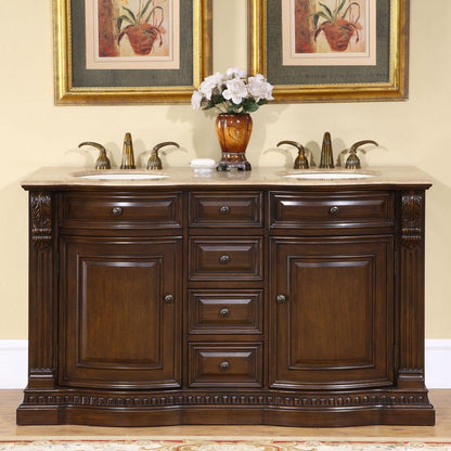 Silkroad Exclusive Traditional 60" Double Sink Walnut Vanity with Travertine Top - HYP-0712-T-UIC-60