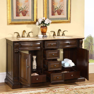 Silkroad Exclusive Traditional 60" Double Sink Walnut Vanity with Travertine Top - HYP-0712-T-UIC-60
