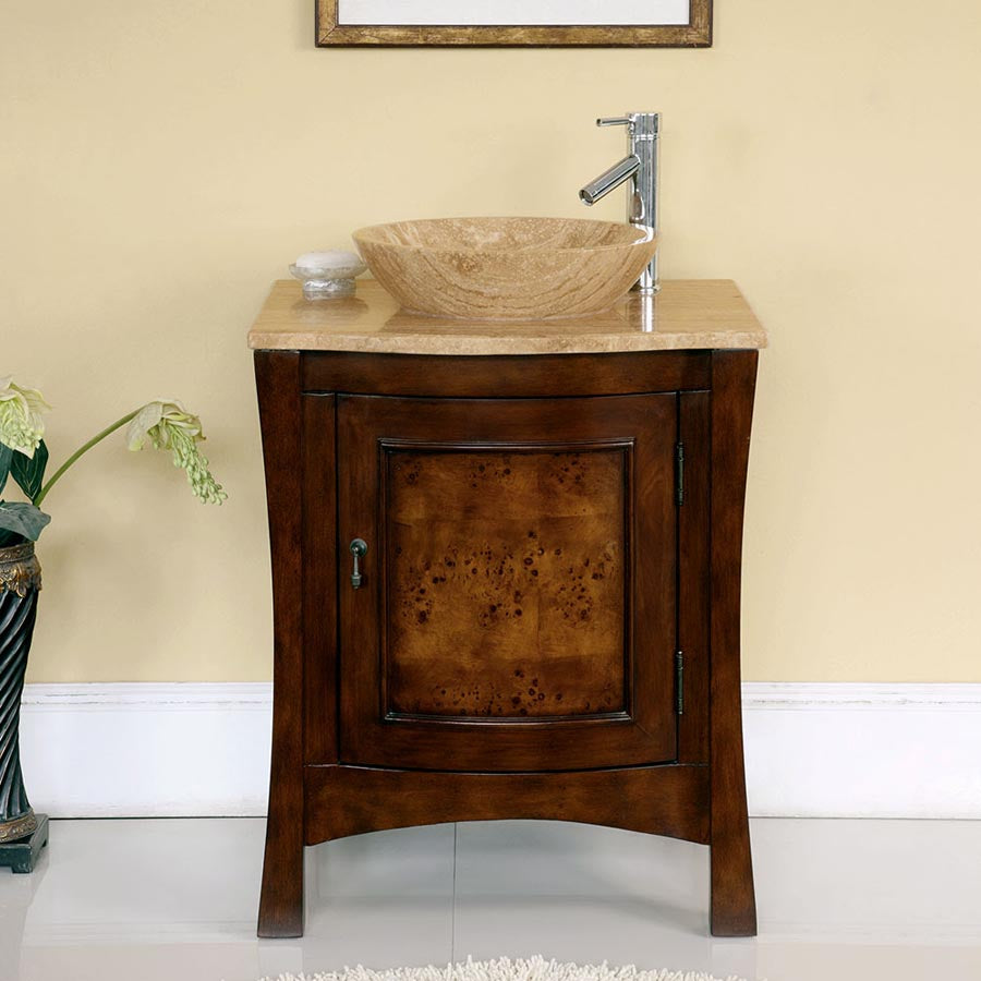 Silkroad Exclusive Modern 26" Red Chestnut Vanity with Travertine Vessel Sink- HYP-0714-T-TT-26