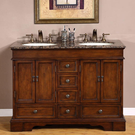 Silkroad Exclusive Traditional 48" Red Chestnut Double Sink Vanity with Baltic Brown Top - HYP-0715-BB-UIC-48