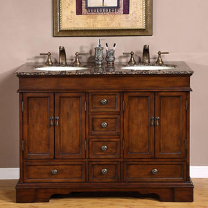 Silkroad Exclusive Traditional 48" Red Chestnut Double Sink Vanity with Baltic Brown Top - HYP-0715-BB-UIC-48