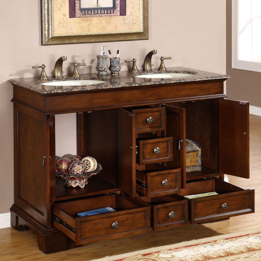 Silkroad Exclusive Traditional 48" Red Chestnut Double Sink Vanity with Baltic Brown Top - HYP-0715-BB-UIC-48