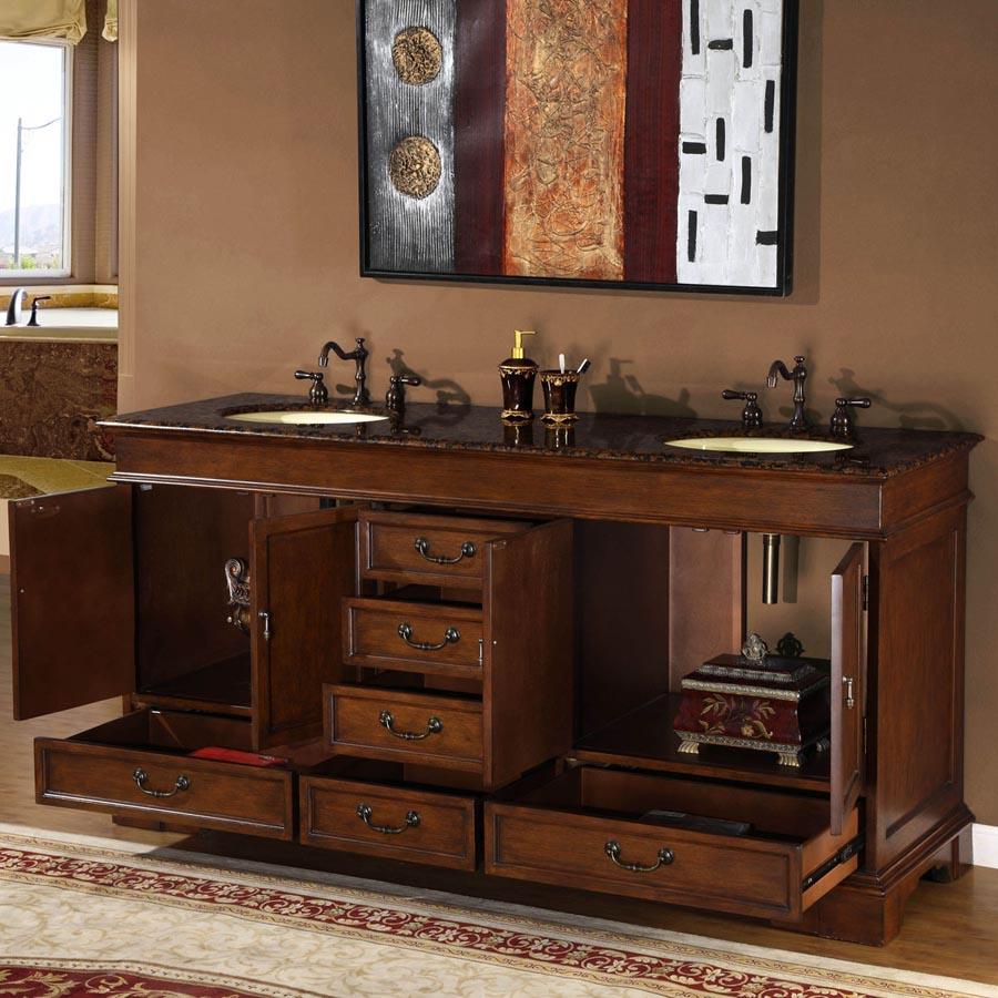 Silkroad Exclusive Traditional 72" Double Sink Vanity in Red Chestnut with Baltic Granite - HYP-0715-BB-UIC-72