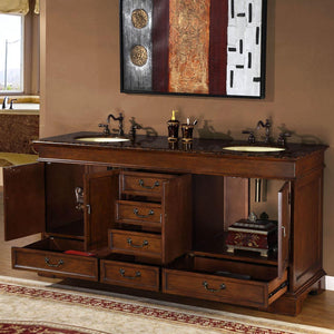 Silkroad Exclusive Traditional 72" Double Sink Vanity in Red Chestnut with Baltic Granite - HYP-0715-BB-UIC-72, open