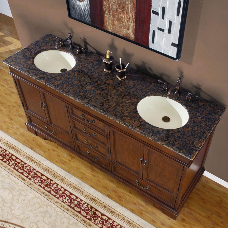 Silkroad Exclusive Traditional 72" Double Sink Vanity in Red Chestnut with Baltic Granite - HYP-0715-BB-UIC-72