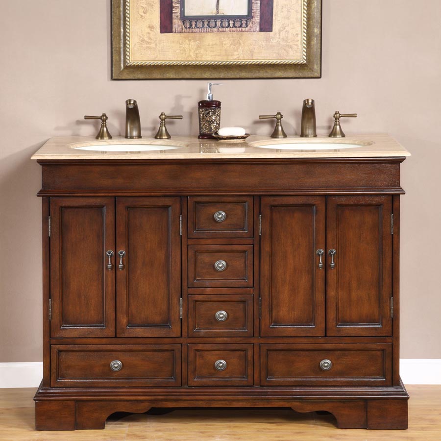 Silkroad Exclusive Classic 48" Red Chestnut Double Sink Vanity with Travertine Top - HYP-0715-T-UIC-48