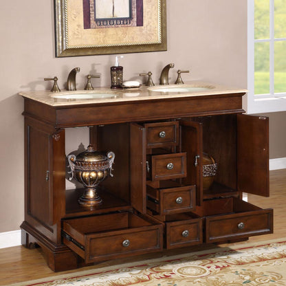 Silkroad Exclusive Classic 48" Red Chestnut Double Sink Vanity with Travertine Top - HYP-0715-T-UIC-48, open