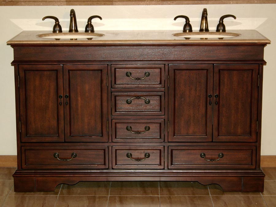 Silkroad Exclusive  Elegant 60" Red Chestnut Travertine Double Sink Vanity - HYP-0715-T-UIC-60