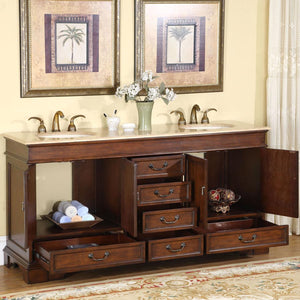 Silkroad Exclusive  Luxurious 72" Red Chestnut Double Vanity with Travertine Top - HYP-0715-T-UIC-72