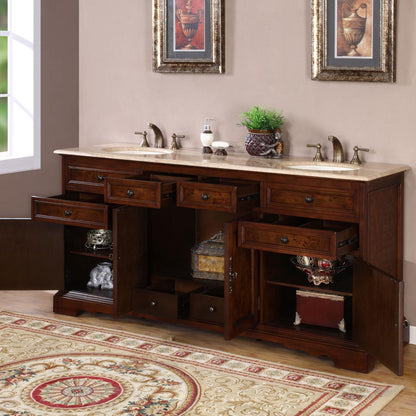 Silkroad Exclusive Opulent 72" Red Chestnut Double Sink Vanity with Travertine Top - HYP-0716-T-UIC-72, open