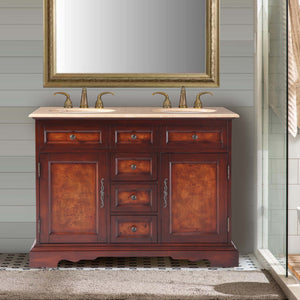Silkroad Exclusive Elegant 48" Double Sink Vanity with Travertine Top in Red Chestnut - HYP-0716-T-UWC-48