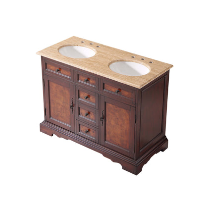 Silkroad Exclusive Elegant 48" Double Sink Vanity with Travertine Top in Red Chestnut - HYP-0716-T-UWC-48