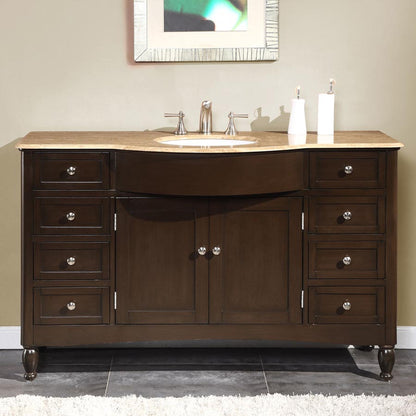 Silkroad Exclusive Sophisticated 58" Single Sink Vanity with Dark Walnut Finish and Travertine Top- HYP-0717-T-UWC-58