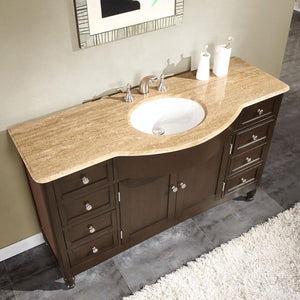 Silkroad Exclusive Sophisticated 58" Single Sink Vanity with Dark Walnut Finish and Travertine Top- HYP-0717-T-UWC-58