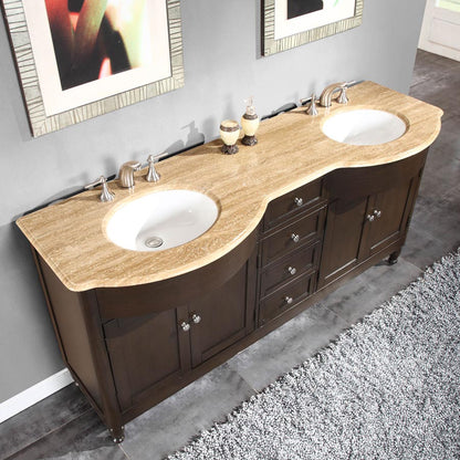 Silkroad Exclusive 72" Dark Walnut Double Sink Vanity Travertine Top & White Ceramic Sinks - HYP-0717-T-UWC-72