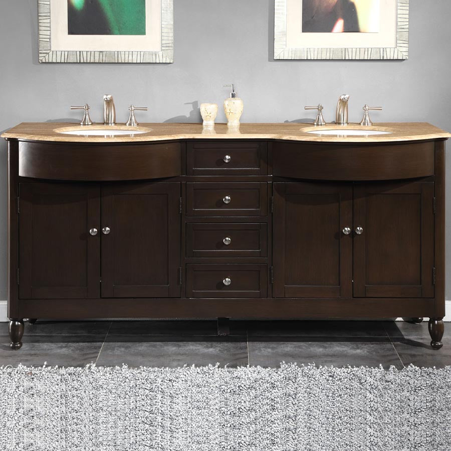 Silkroad Exclusive 72" Dark Walnut Double Sink Vanity Travertine Top & White Ceramic Sinks - HYP-0717-T-UWC-72