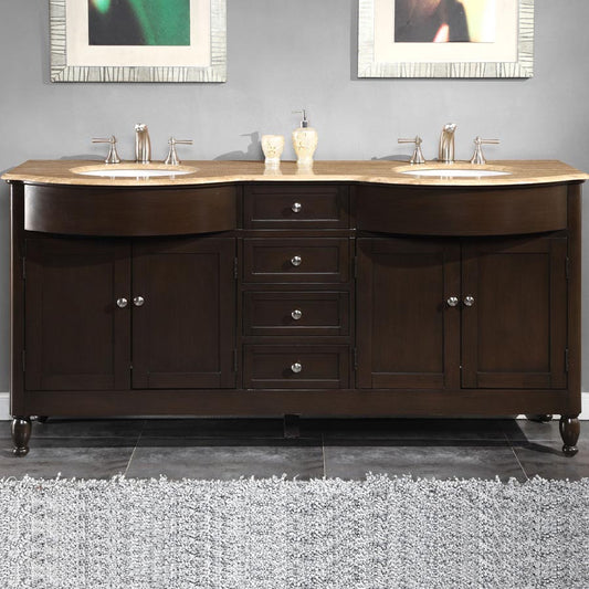 Silkroad Exclusive 72" Dark Walnut Double Sink Vanity Travertine Top & White Ceramic Sinks - HYP-0717-T-UWC-72