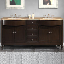 Load image into Gallery viewer, Silkroad Exclusive 72&quot; Dark Walnut Double Sink Vanity Travertine Top &amp; White Ceramic Sinks - HYP-0717-T-UWC-72