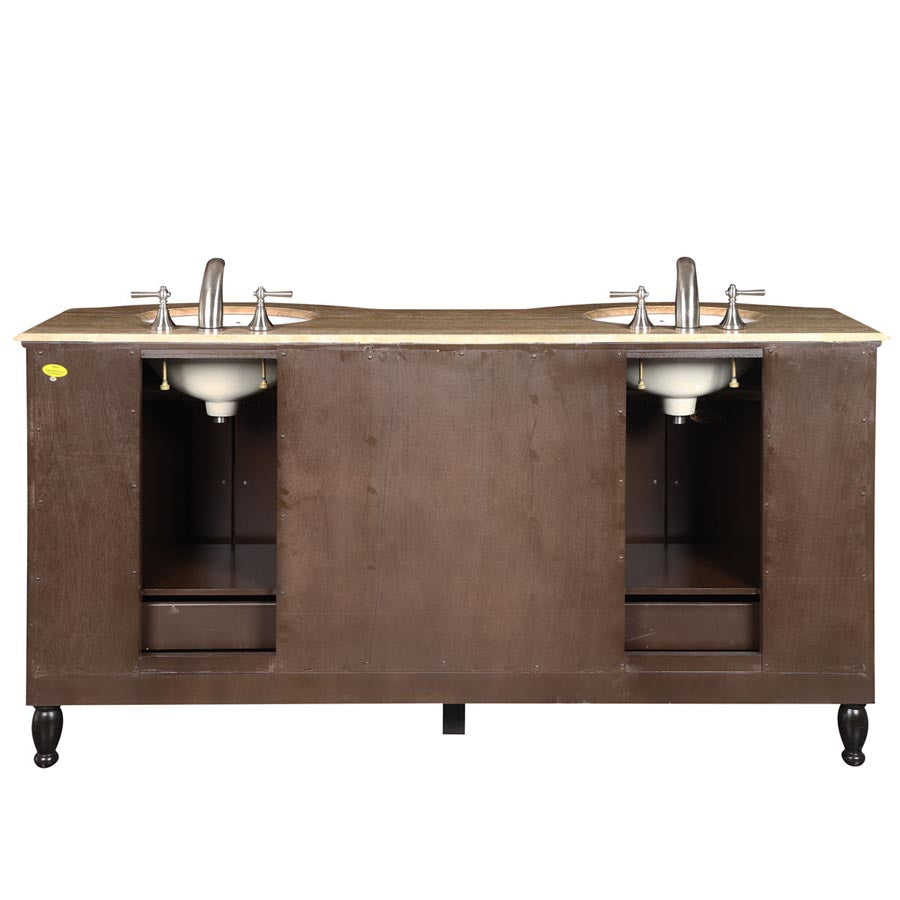 Silkroad Exclusive 72" Dark Walnut Double Sink Vanity Travertine Top & White Ceramic Sinks - HYP-0717-T-UWC-72, back