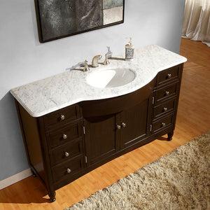 Silkroad Exclusive 58" Carrara Marble Top Single Sink Bathroom Vanity in Dark Walnut - HYP-0717-WM-UWC-58