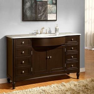 Silkroad Exclusive 58" Carrara Marble Top Single Sink Bathroom Vanity in Dark Walnut - HYP-0717-WM-UWC-58