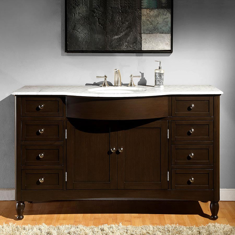 Silkroad Exclusive 58" Carrara Marble Top Single Sink Bathroom Vanity in Dark Walnut - HYP-0717-WM-UWC-58