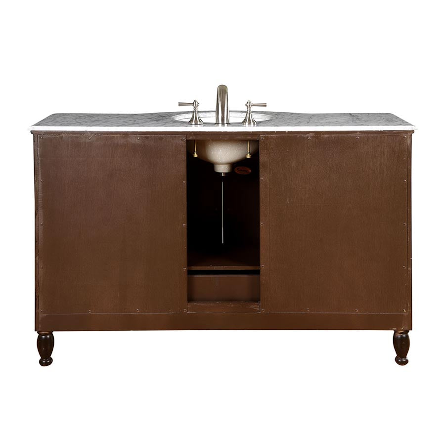 Silkroad Exclusive 58" Carrara Marble Top Single Sink Bathroom Vanity in Dark Walnut - HYP-0717-WM-UWC-58, back