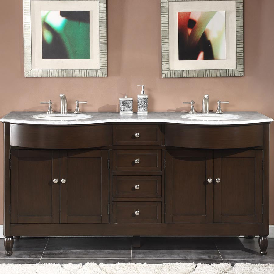 Silkroad Exclusive 72" Double Sink Dark Walnut Vanity with White Carrara Marble Top - HYP-0717-WM-UWC-72