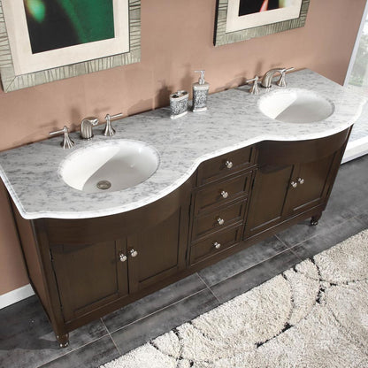 Silkroad Exclusive 72" Double Sink Dark Walnut Vanity with White Carrara Marble Top - HYP-0717-WM-UWC-72