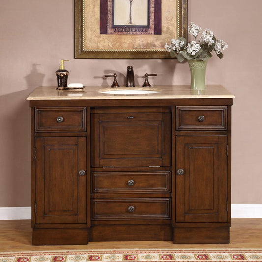 Silkroad Exclusive Transitional 48" Walnut Single Sink Vanity with Travertine Top - HYP-0718-T-UIC-48