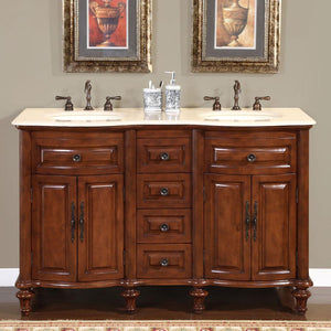 Silkroad Exclusive 55" Double Sink American Chestnut Vanity with Crema Marfil Marble Top - HYP-0719-CM-UIC-55