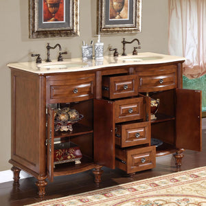 Silkroad Exclusive 55" Double Sink American Chestnut Vanity with Crema Marfil Marble Top - HYP-0719-CM-UIC-55, open