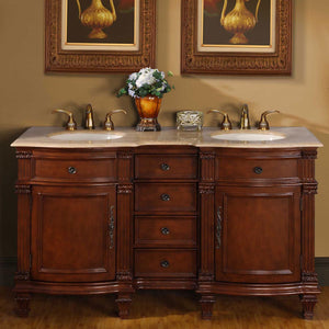 Silkroad Exclusive 60" Brazilian Rosewood Double Sink Vanity with Travertine Top - HYP-0722-T-UIC-60