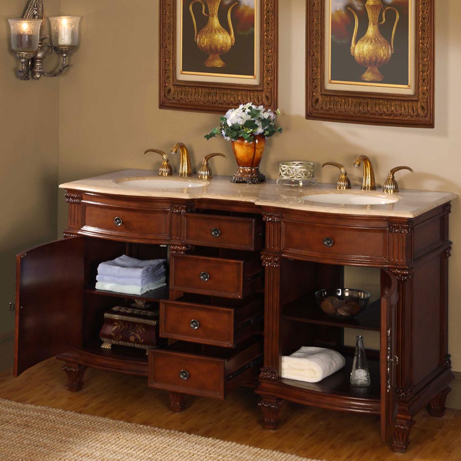 Silkroad Exclusive 60" Brazilian Rosewood Double Sink Vanity with Travertine Top - HYP-0722-T-UIC-60, open