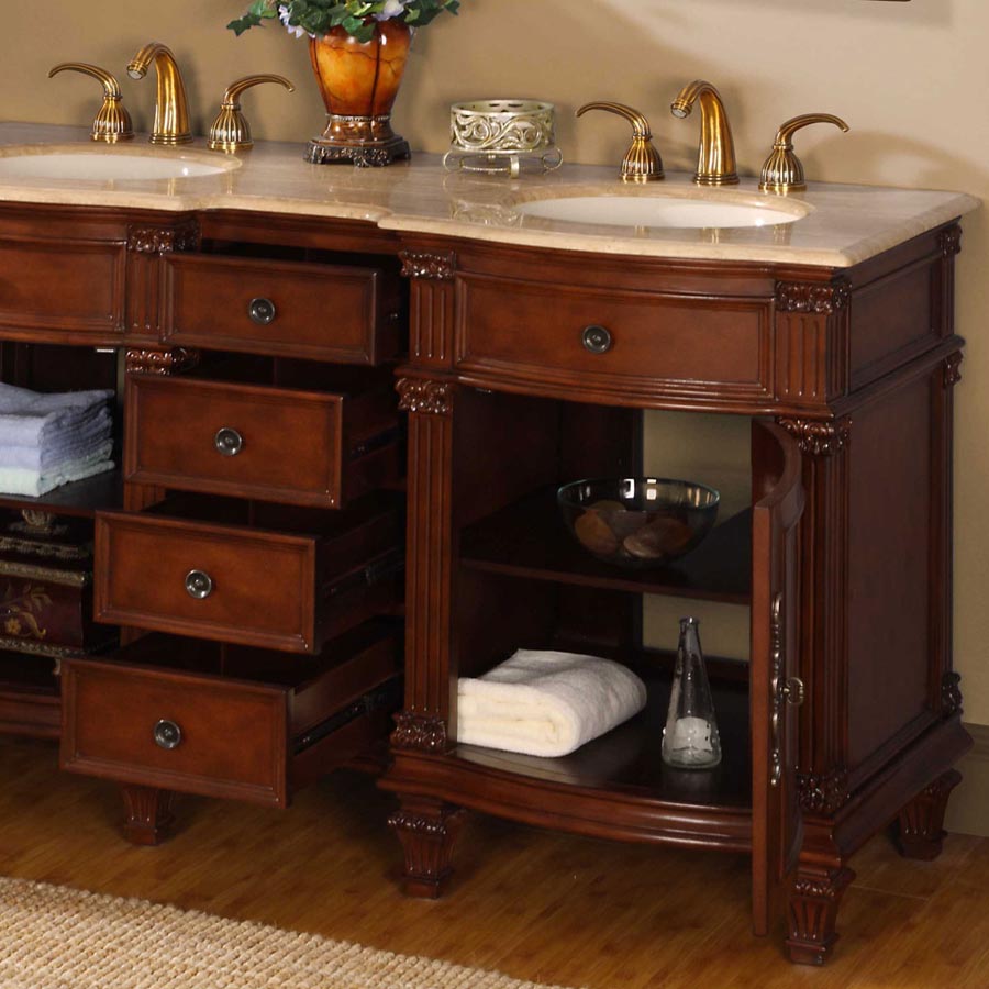 Silkroad Exclusive 60" Brazilian Rosewood Double Sink Vanity with Travertine Top - HYP-0722-T-UIC-60