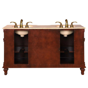 Silkroad Exclusive 60" Brazilian Rosewood Double Sink Vanity with Travertine Top - HYP-0722-T-UIC-60, back