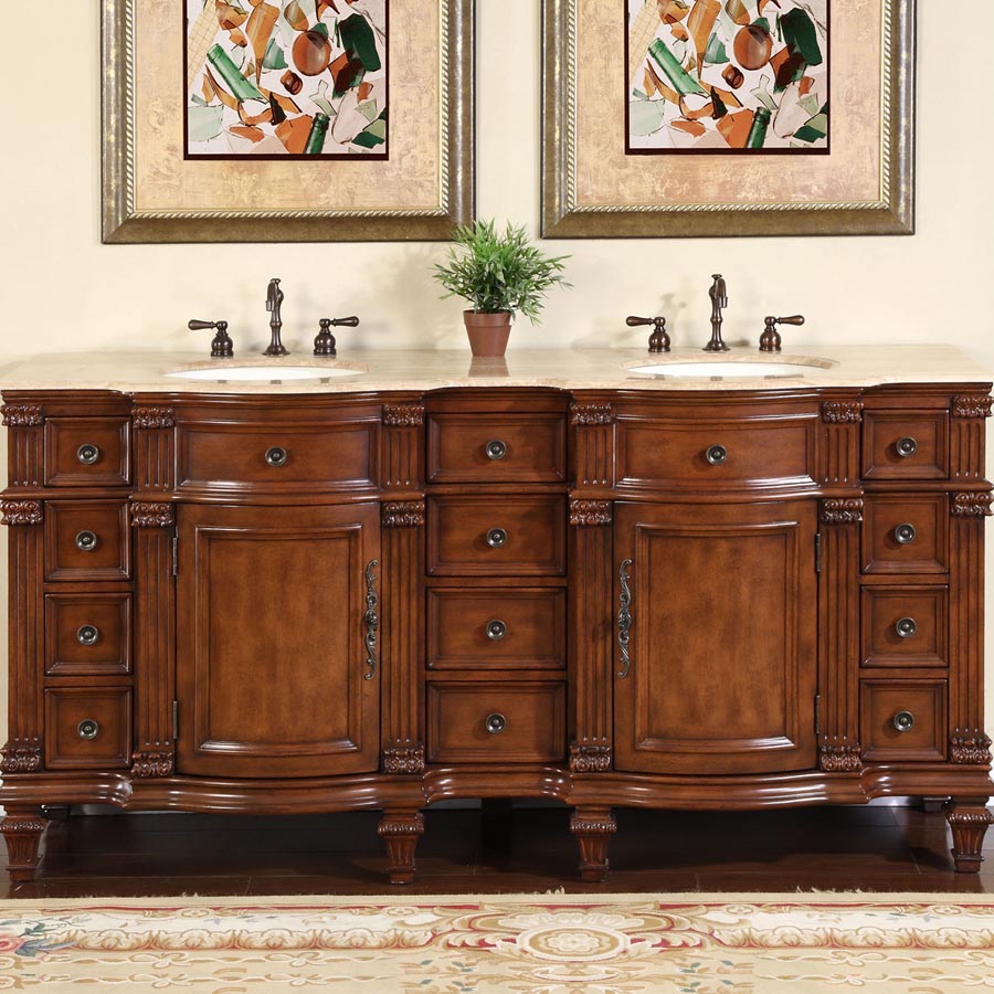 Silkroad Exclusive 72" Luxurious Double Sink Brazilian Rosewood Vanity with Travertine Top- HYP-0722-T-UIC-72