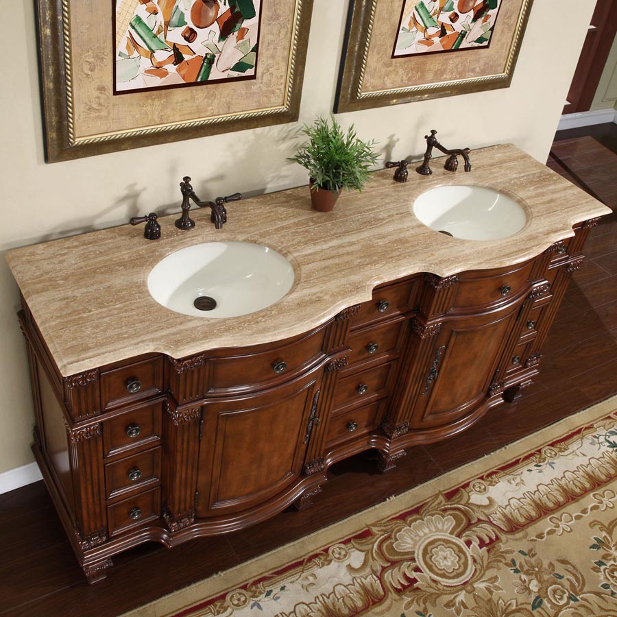 Silkroad Exclusive 72" Luxurious Double Sink Brazilian Rosewood Vanity with Travertine Top- HYP-0722-T-UIC-72