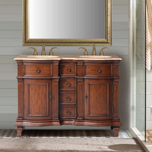 Silkroad Exclusive 48" Traditional Double Sink Vanity with Travertine Top - Brazilian Rosewood - HYP-0722-T-UWC-48